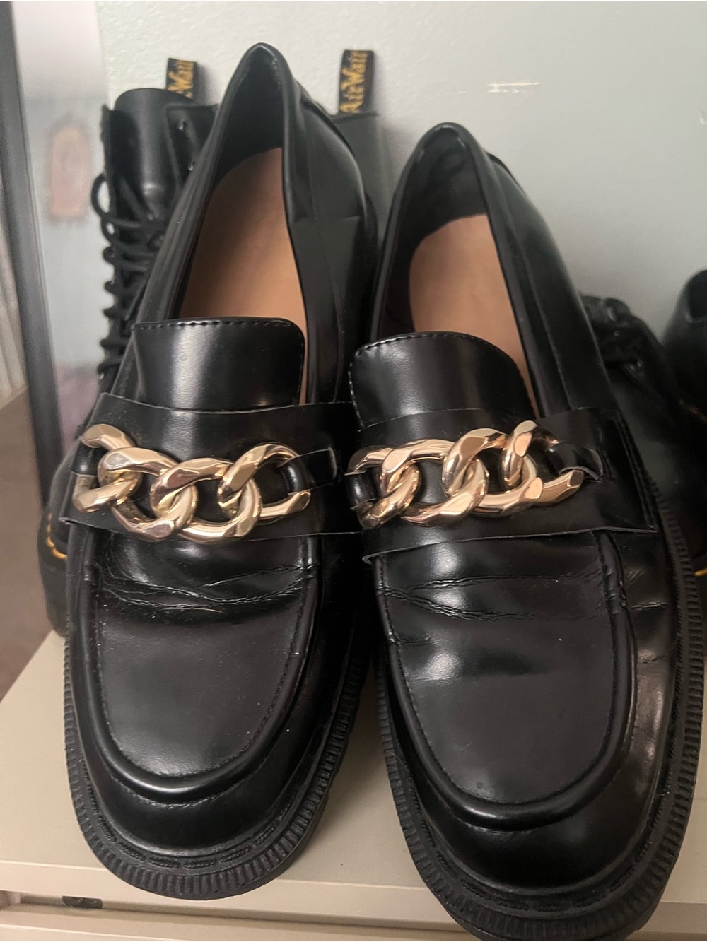 H&M Black Leather Loafers with Gold Chain Accent